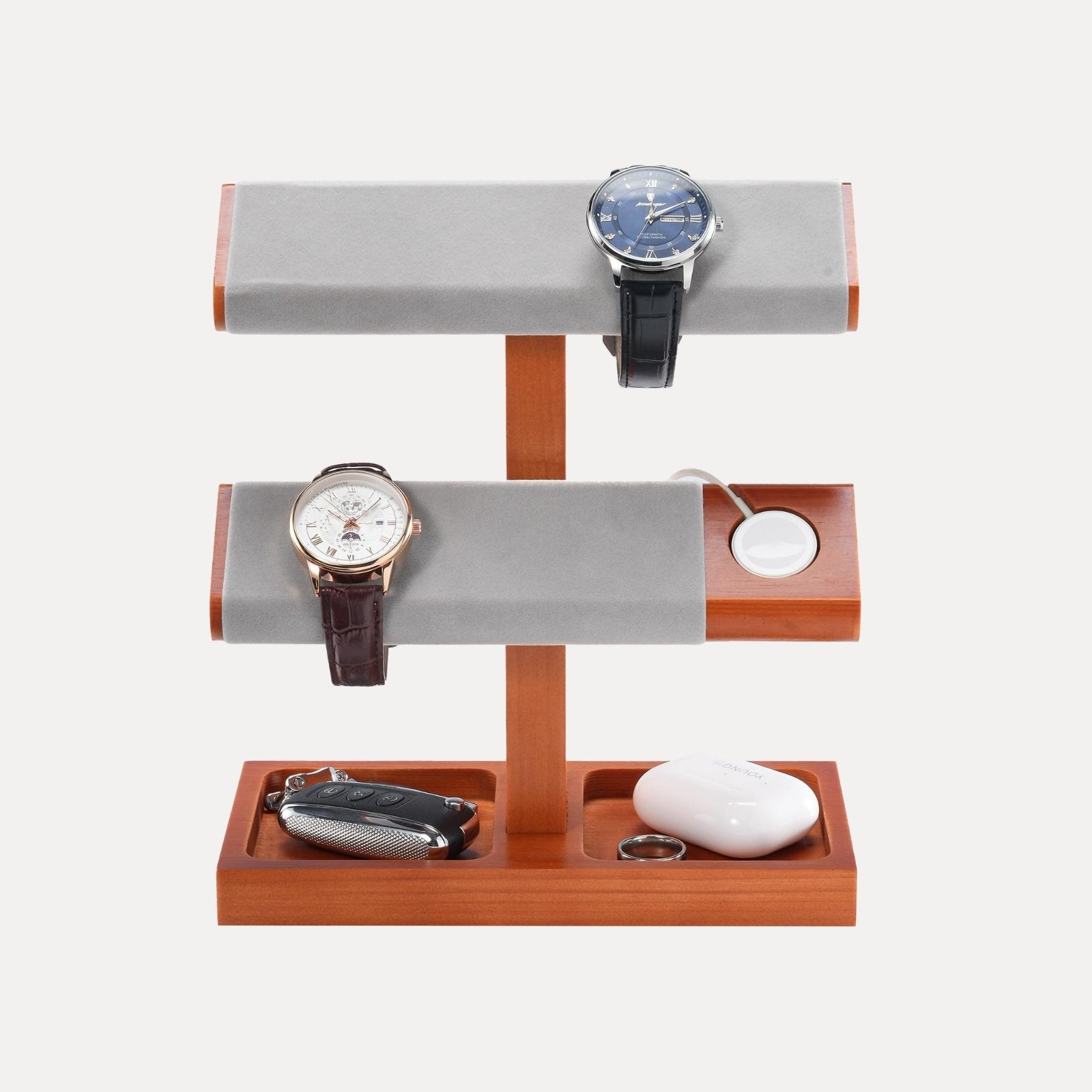 Wooden T-Bar Watch Display Stand with Apple Watch Charger Slot