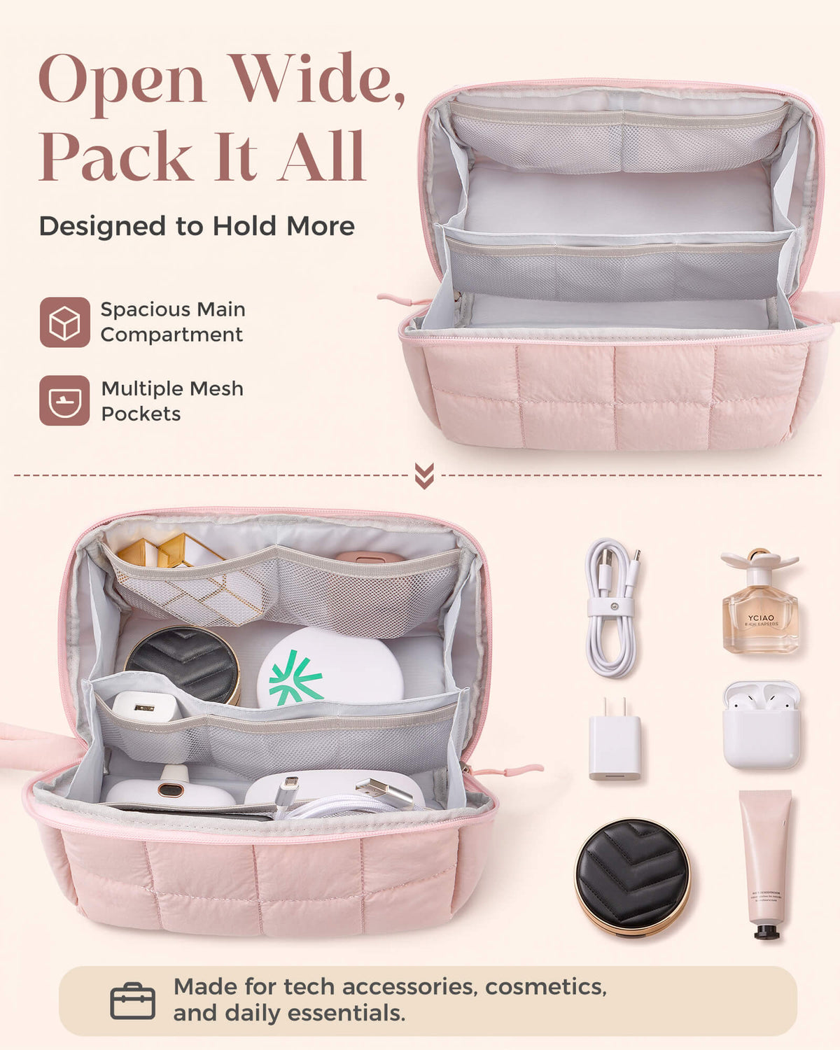 Large pink makeup organizer with nine mesh pockets and spacious storage