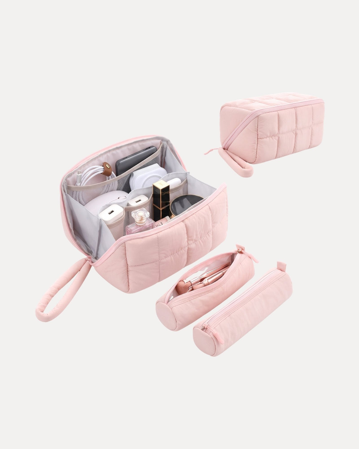 Large pink ultra-light quilted travel makeup organizer bag