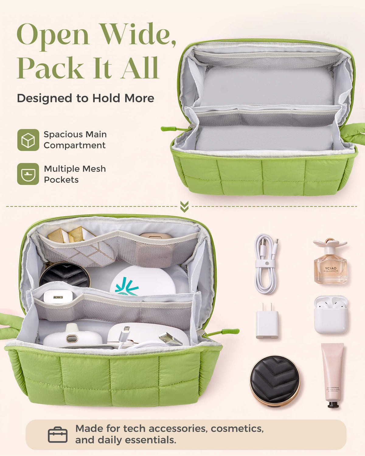 Large sage green makeup organizer with nine mesh pockets and spacious storage