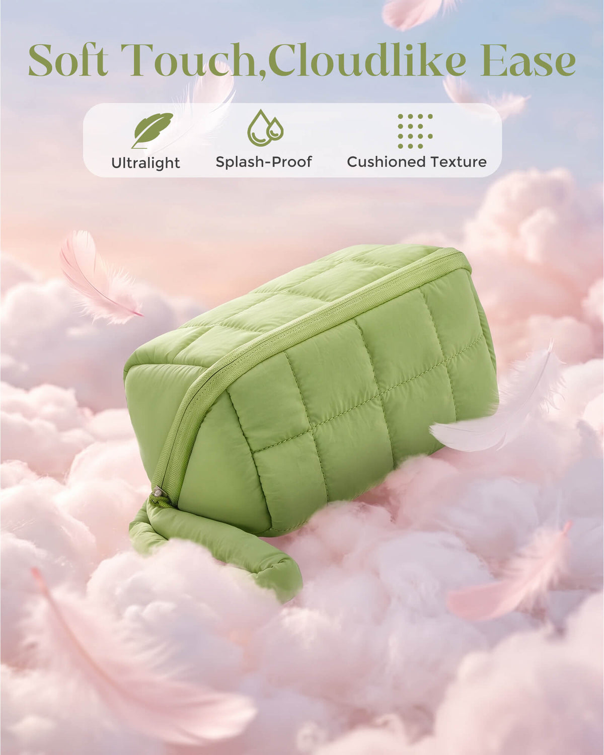 Large sage green travel makeup bag with lightweight padded design