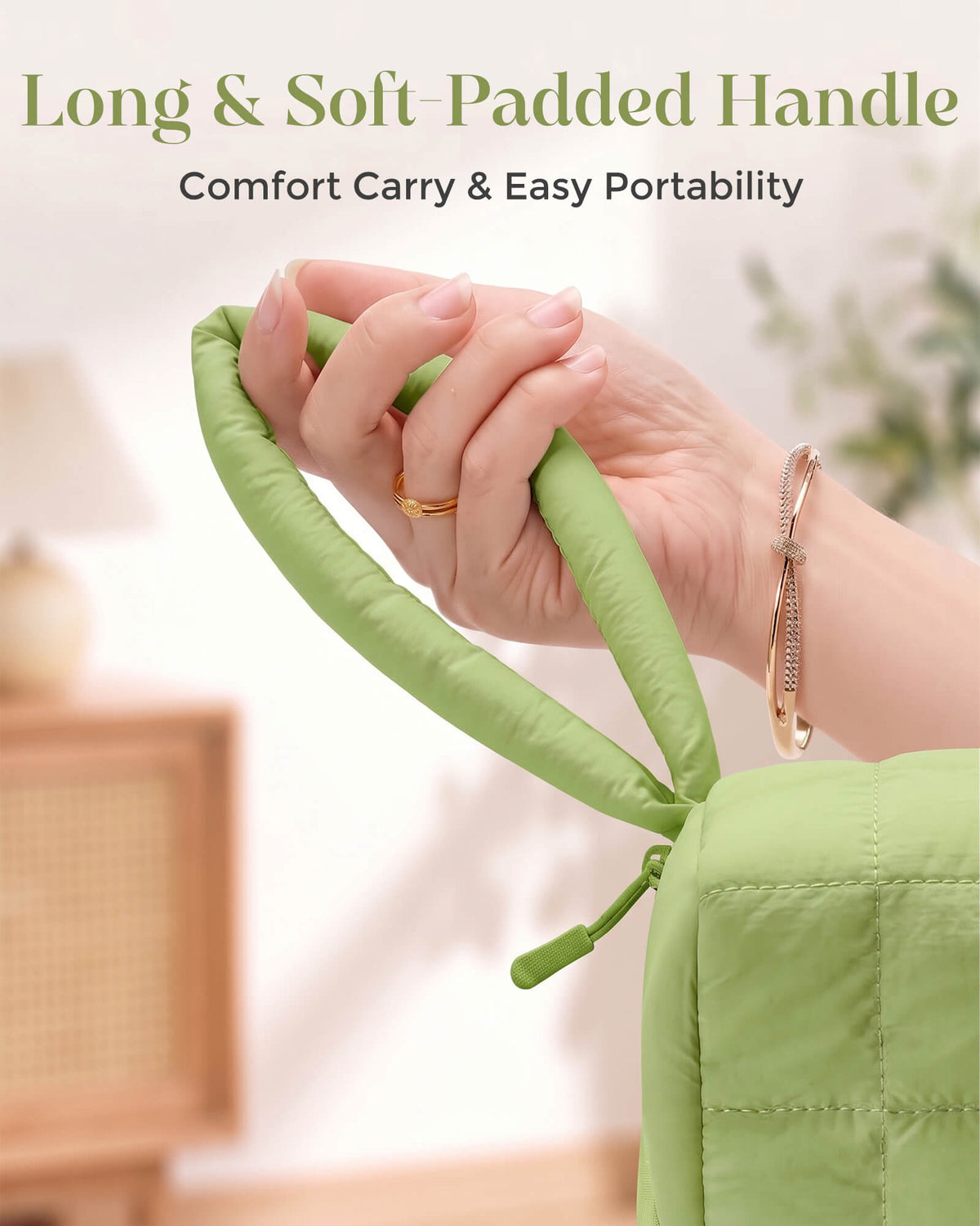 Large sage green organizer with wide opening, mesh pockets, and accessory pouches