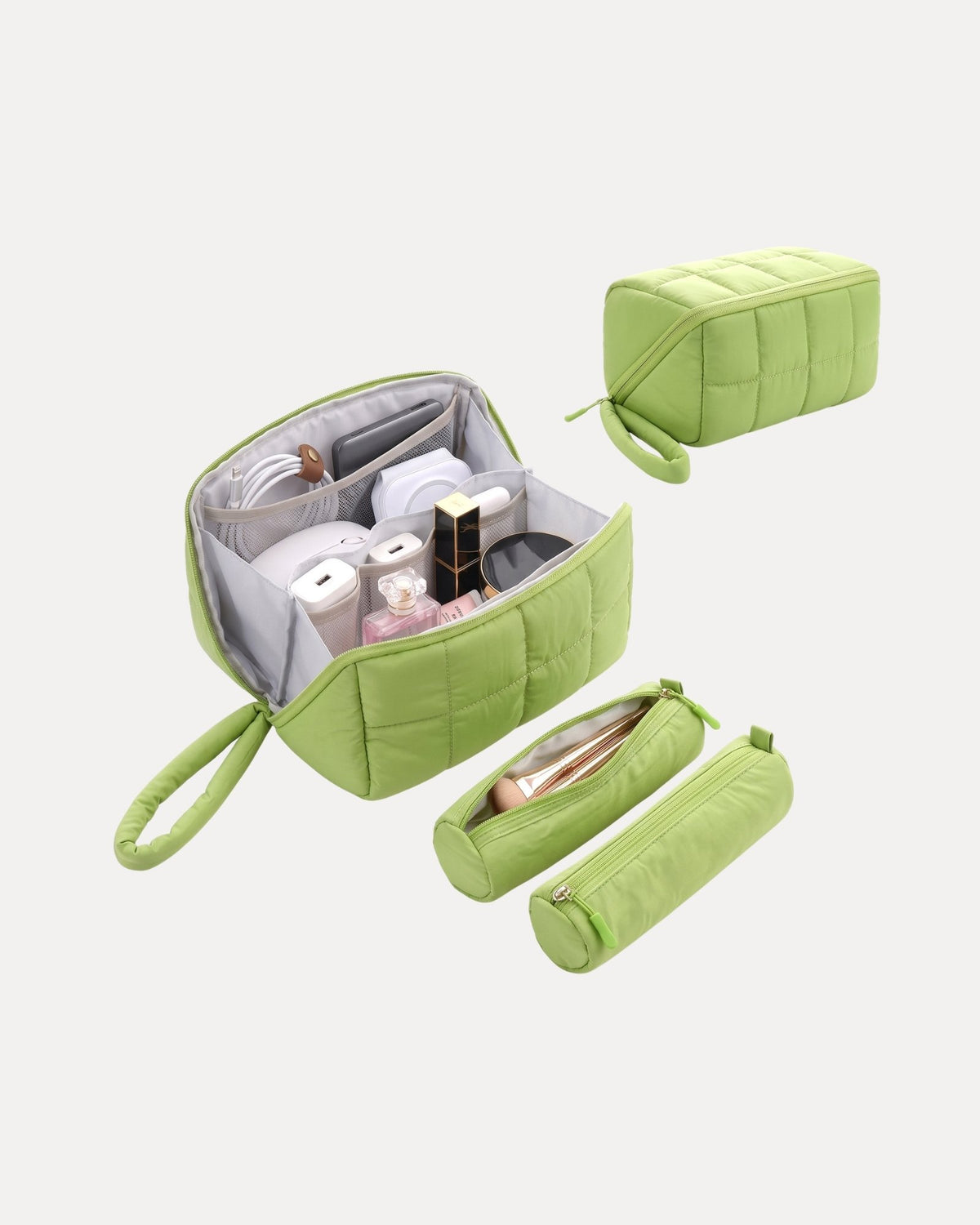 Large sage green ultra-light quilted travel makeup organizer bag