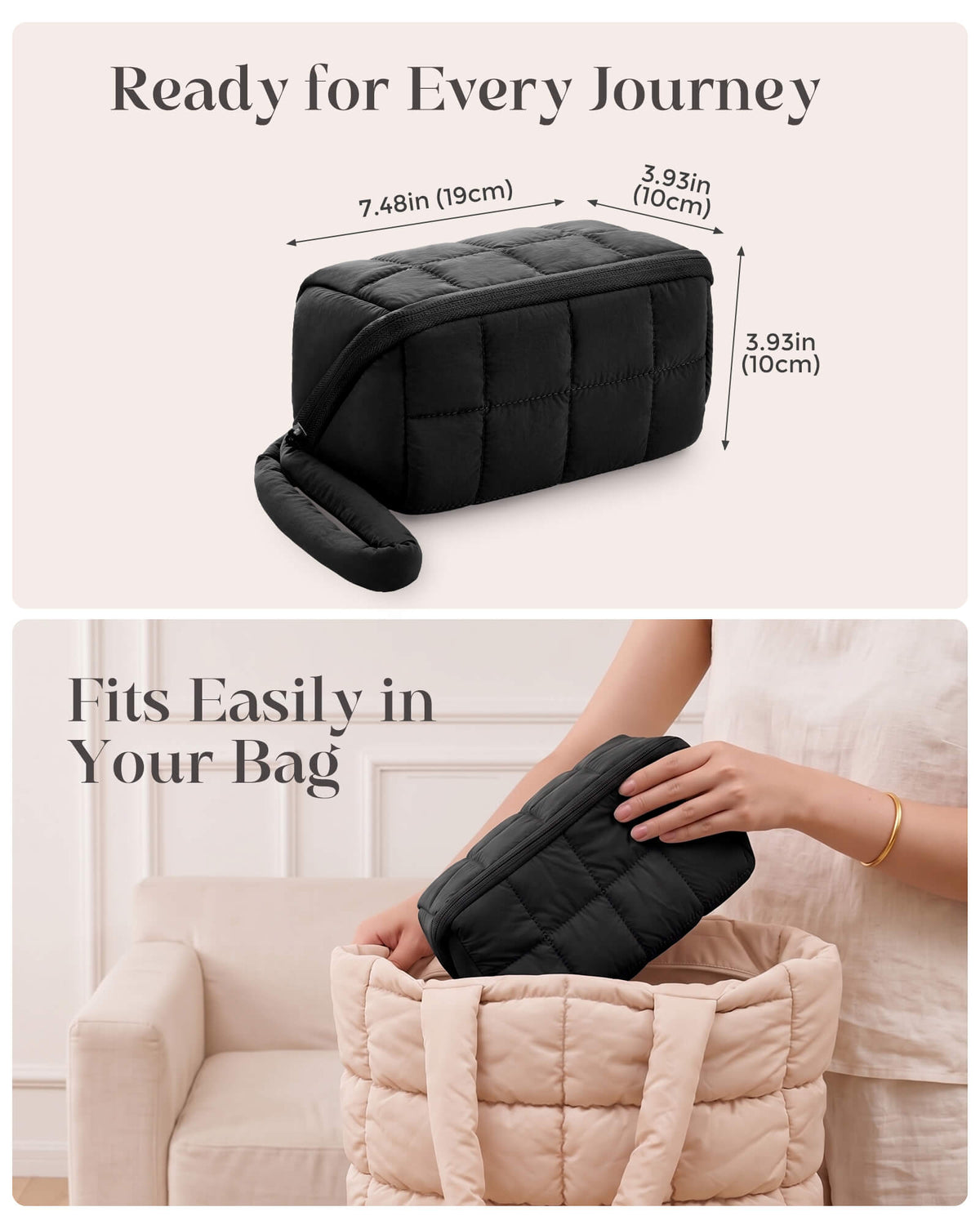 Medium black travel organizer bag with size and capacity details