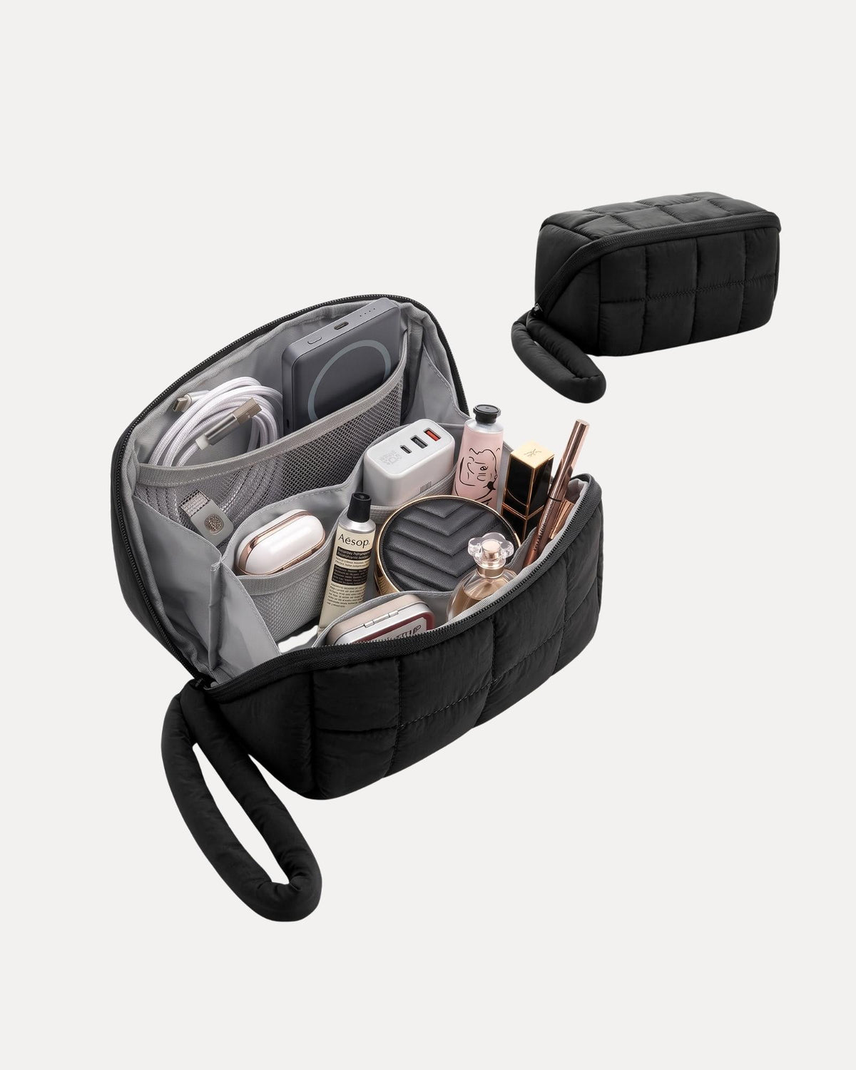 Medium black ultra-light quilted travel makeup organizer bag