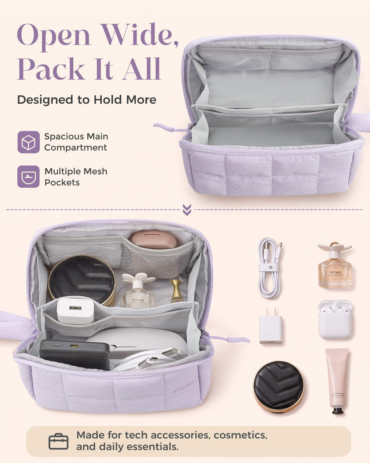 Medium lavender makeup organizer with mesh pockets and spacious compartments