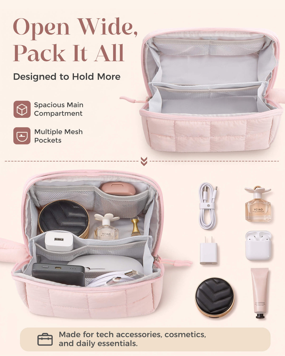 Medium pink makeup organizer with mesh pockets and spacious compartments