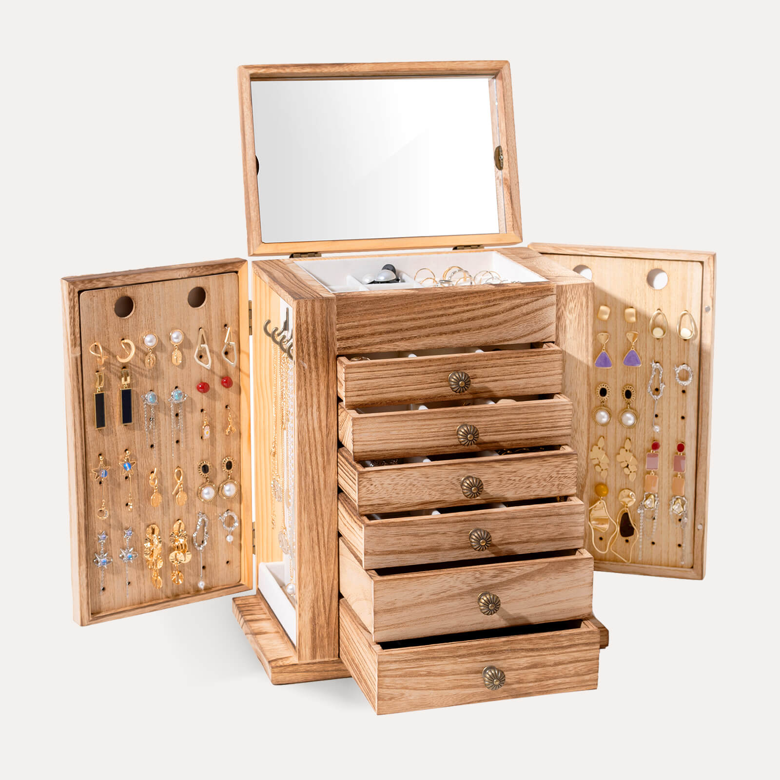 Large Wooden Jewelry Box with Mirror