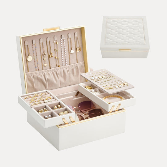 Large Jewelry Box Organizer with Two Foldable & Expandable Trays