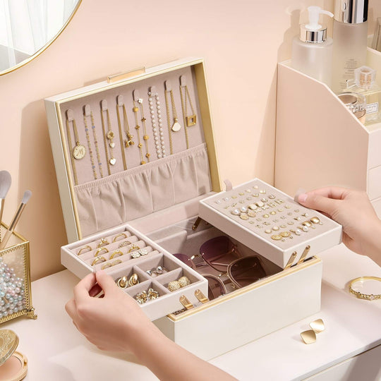 Large Jewelry Box Organizer with Two Foldable & Expandable Trays