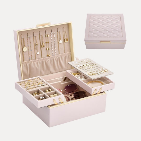 Large Jewelry Box Organizer with Two Foldable & Expandable Trays