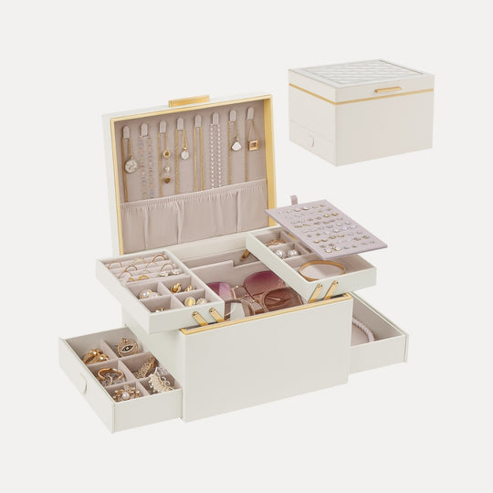 Large Jewelry Box Organizer with Two Foldable & Expandable Trays