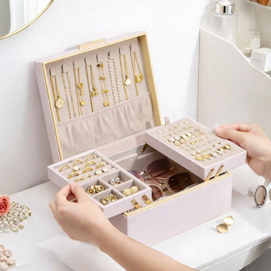 Large Jewelry Box Organizer with Two Foldable & Expandable Trays