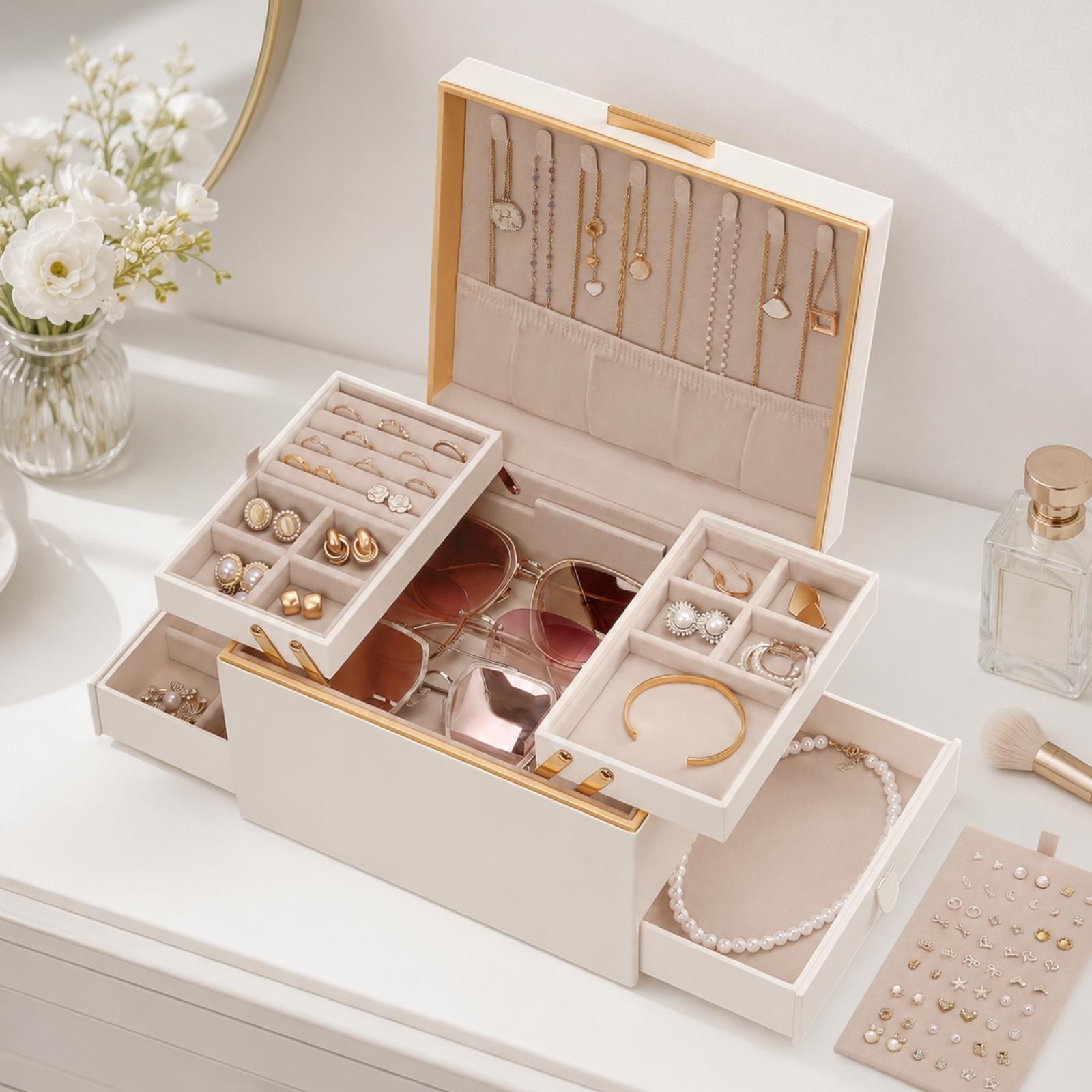 Large Jewelry Box Organizer with Two Foldable & Expandable Trays