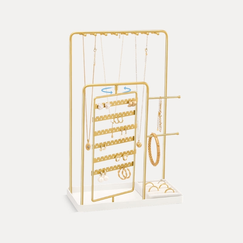Gold-tone jewelry organizer stand with rotating earring rack and ring tray