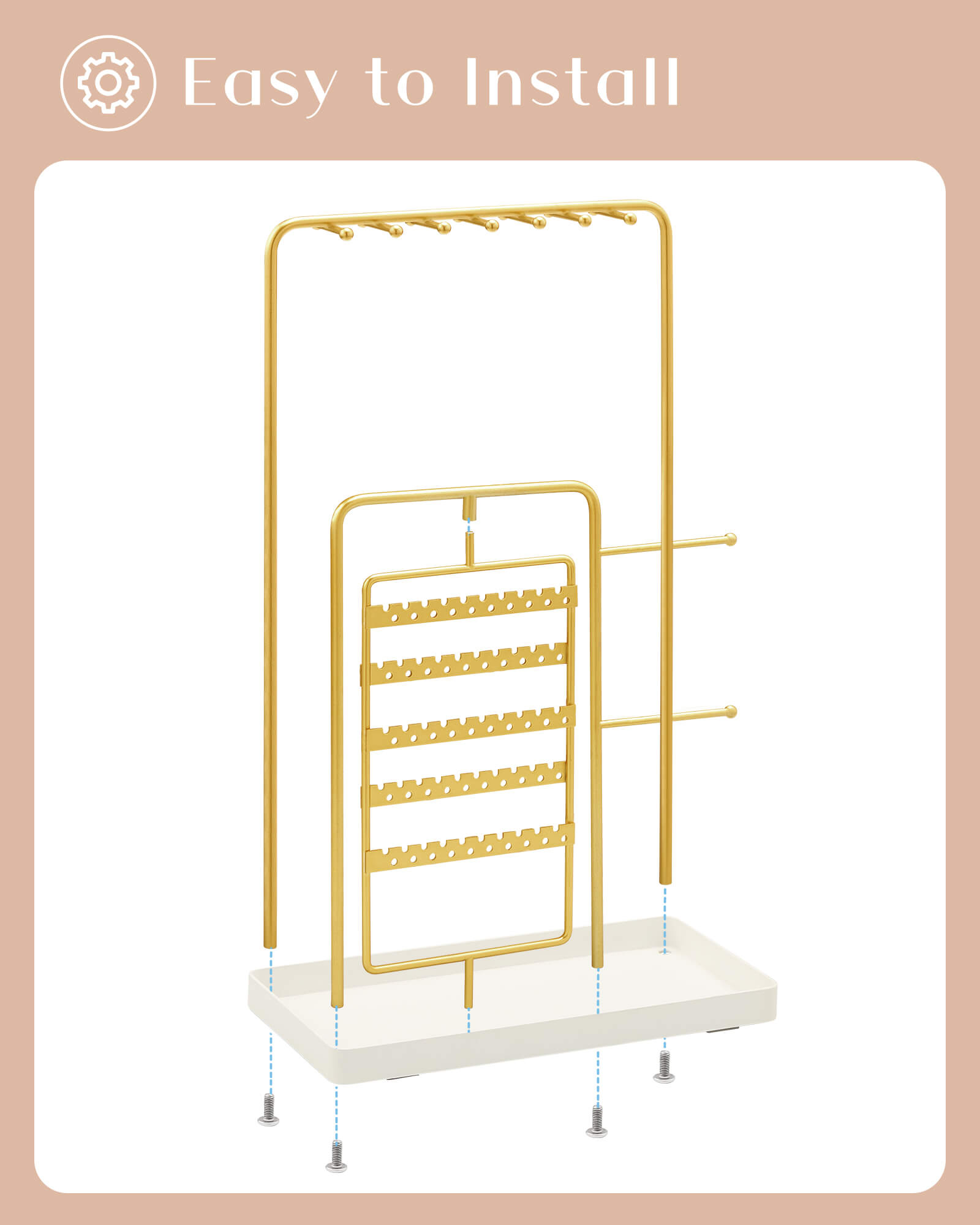 gold jewelry organizer stand showing full organizer setup