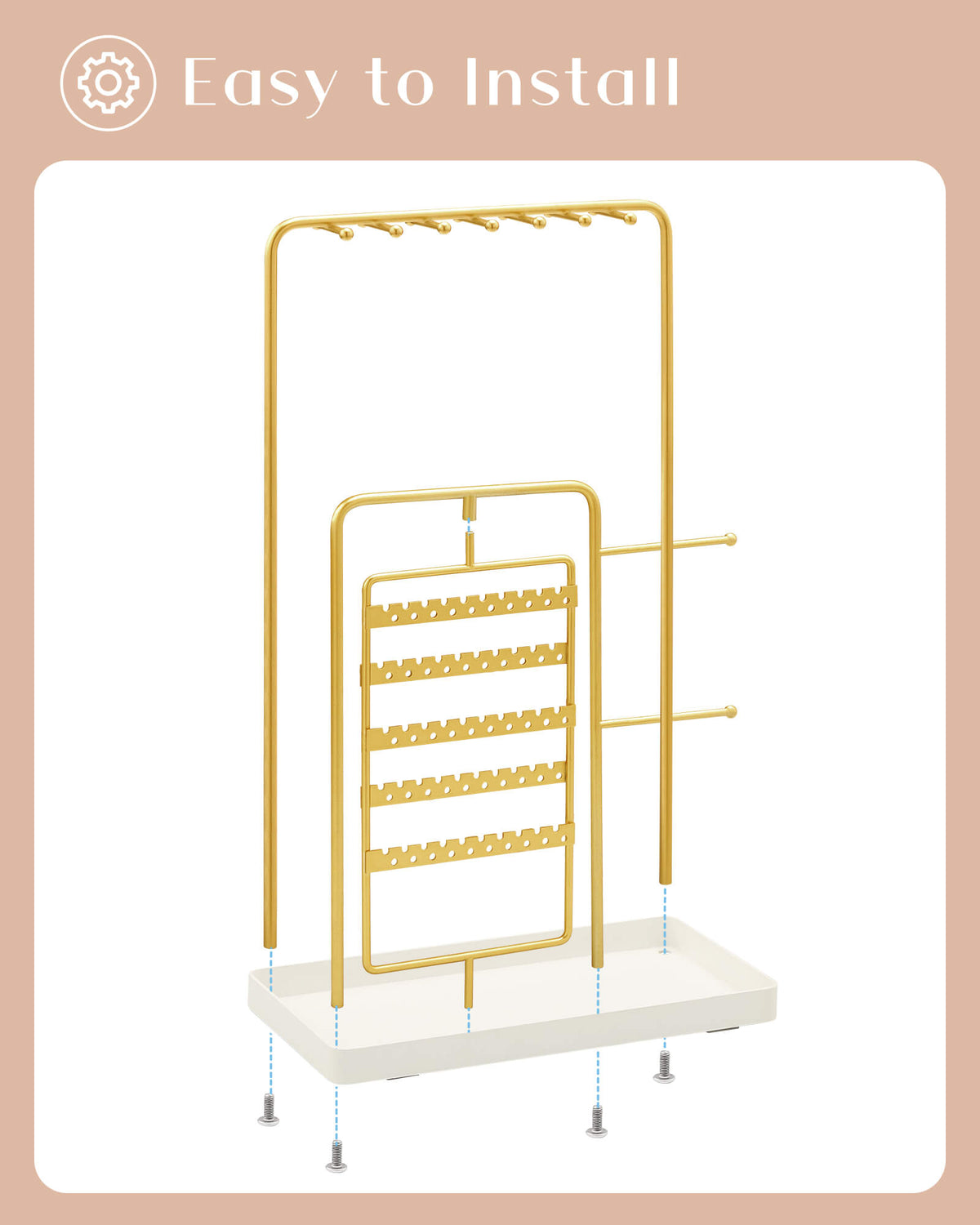 gold jewelry organizer stand showing full organizer setup