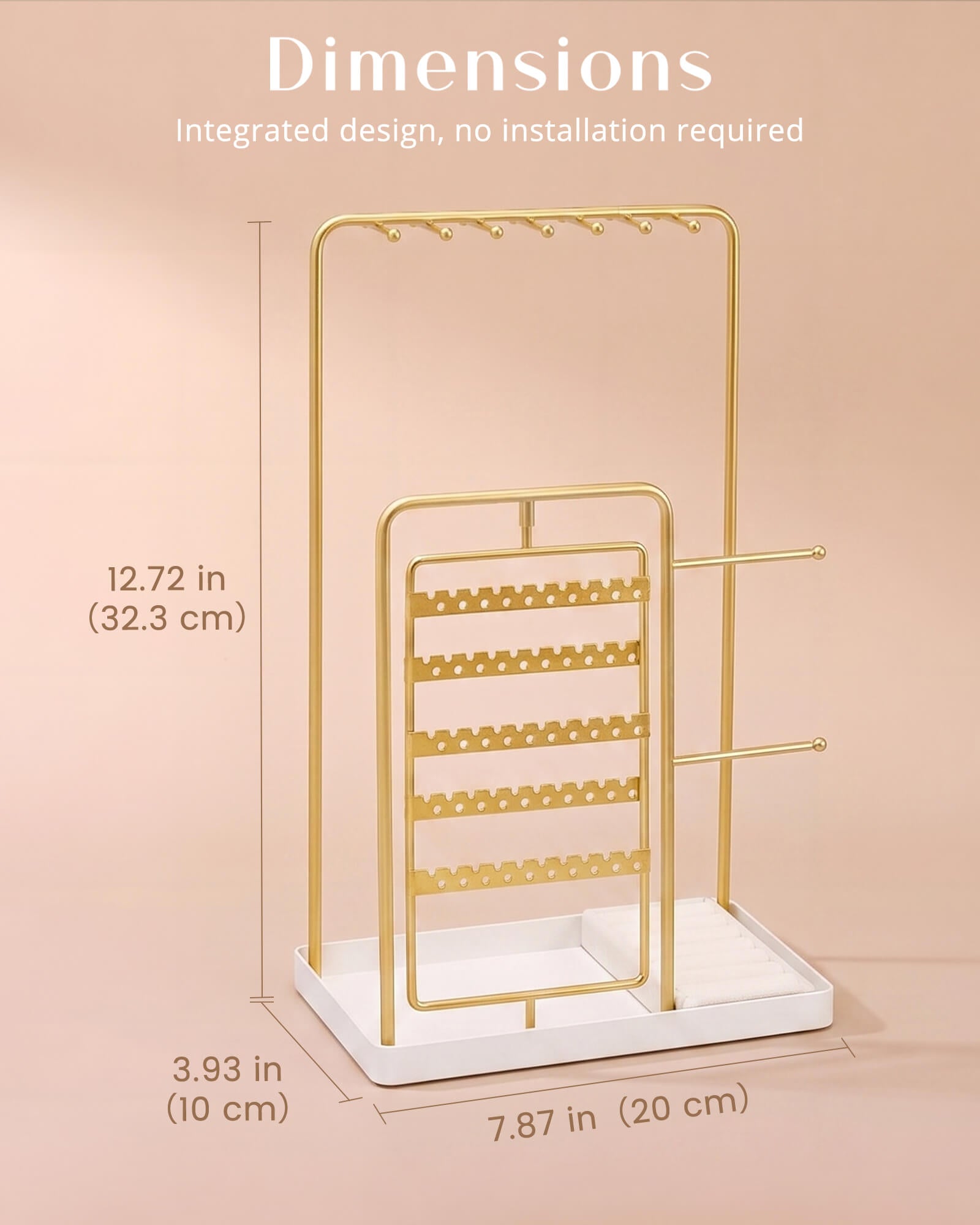 gold jewelry organizer stand showing size and dimension details