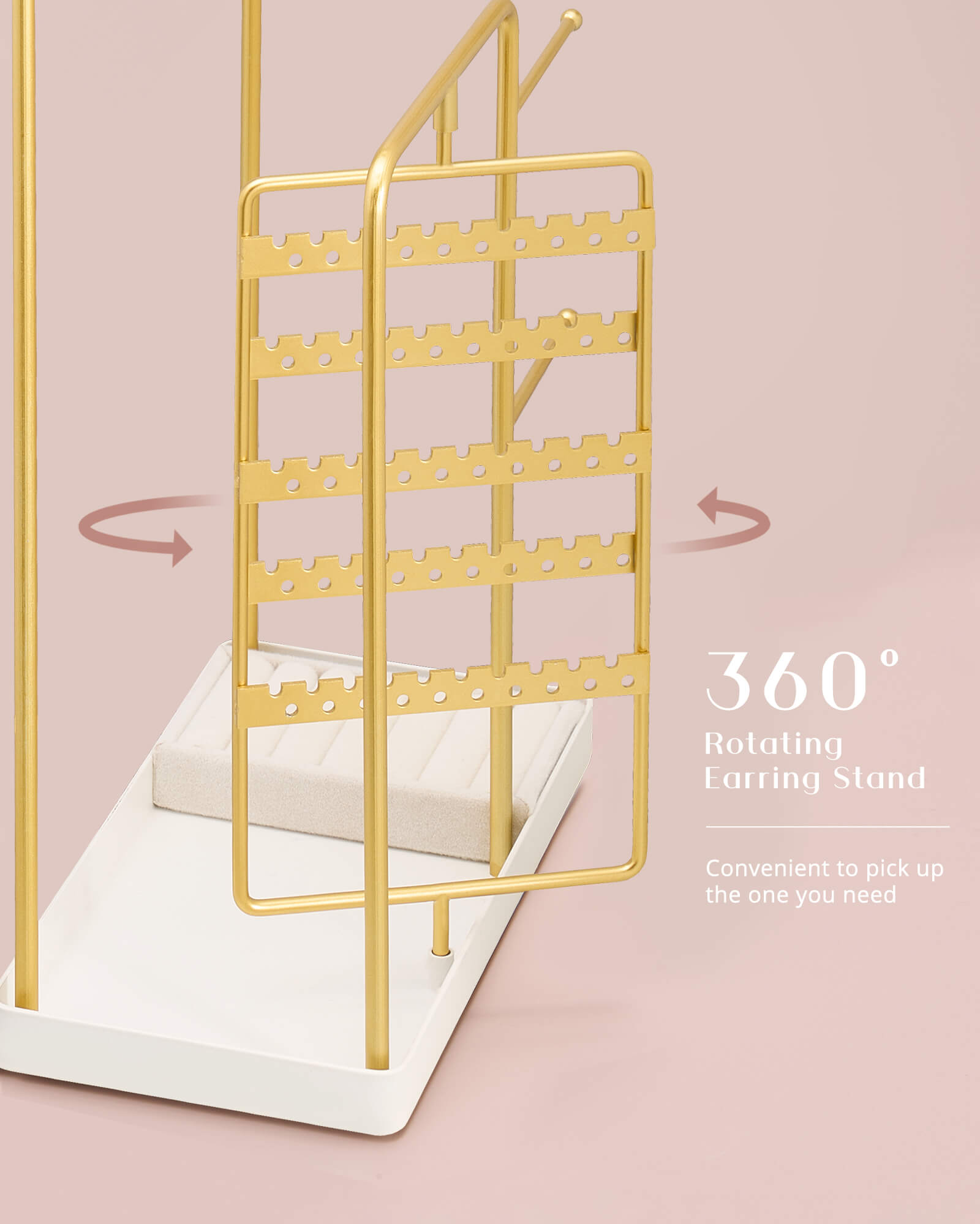 gold jewelry organizer stand showing jewelry display capacity