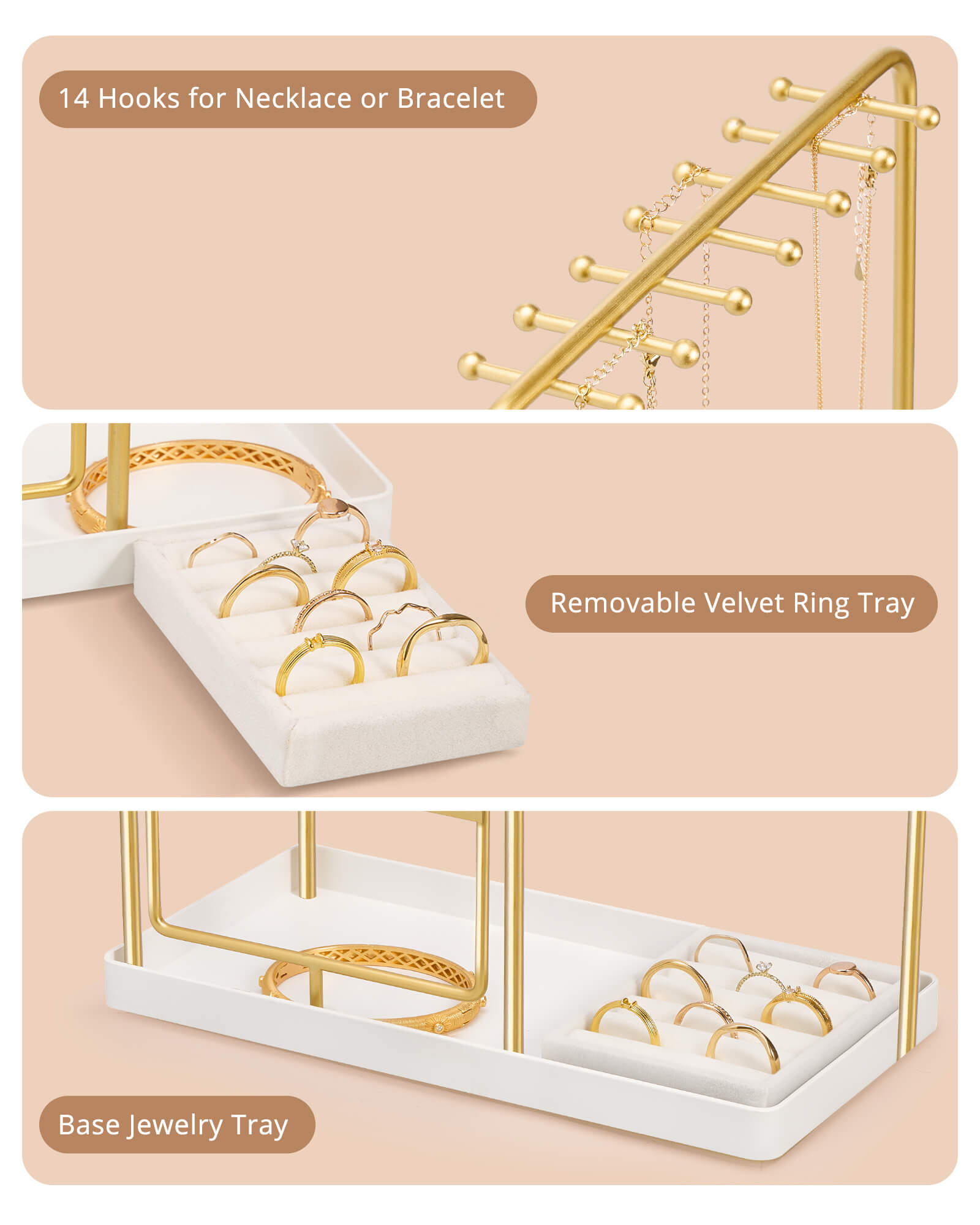 gold jewelry organizer stand showing sturdy gold-tone frame