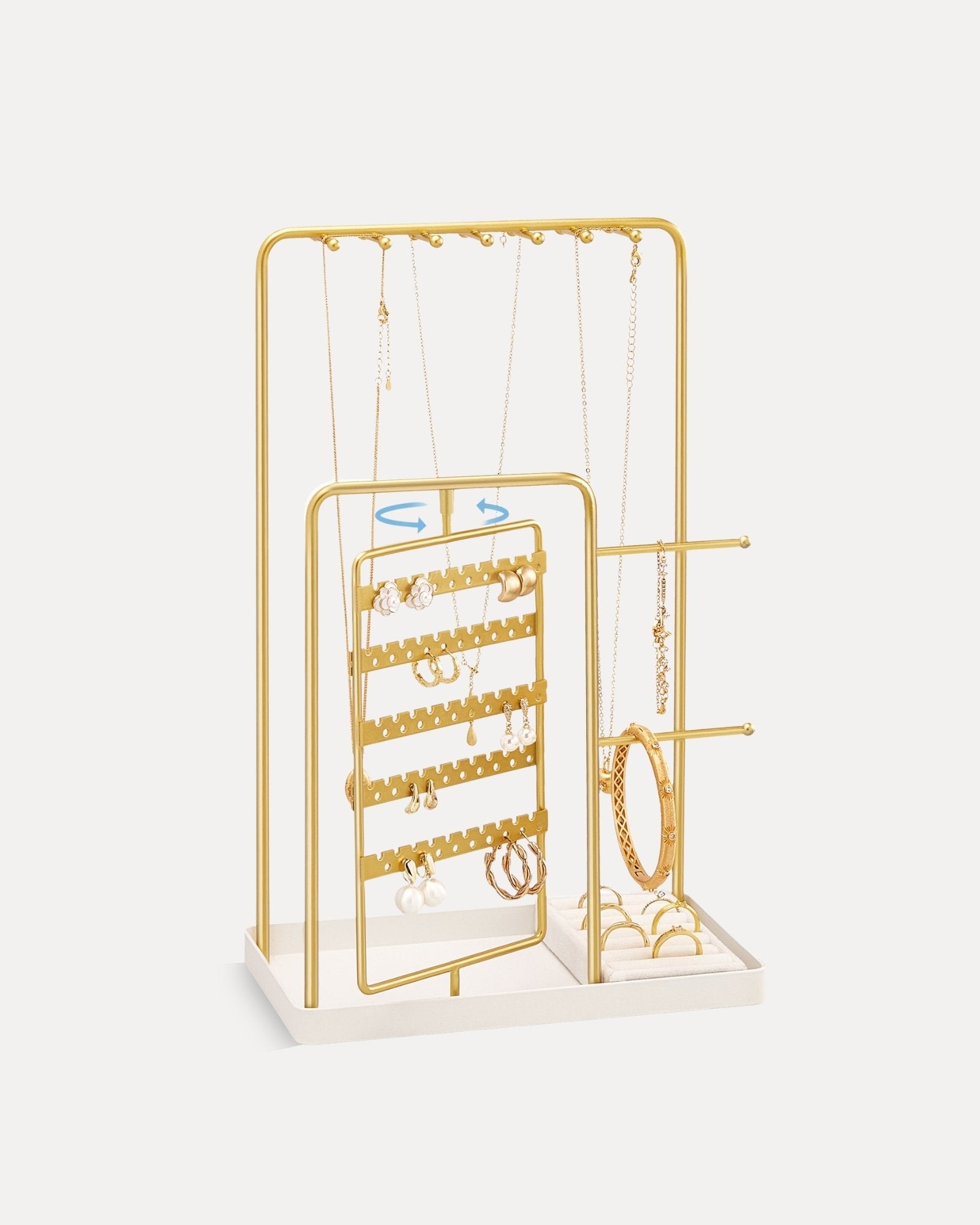 gold jewelry organizer stand with rotating earring rack and ring tray