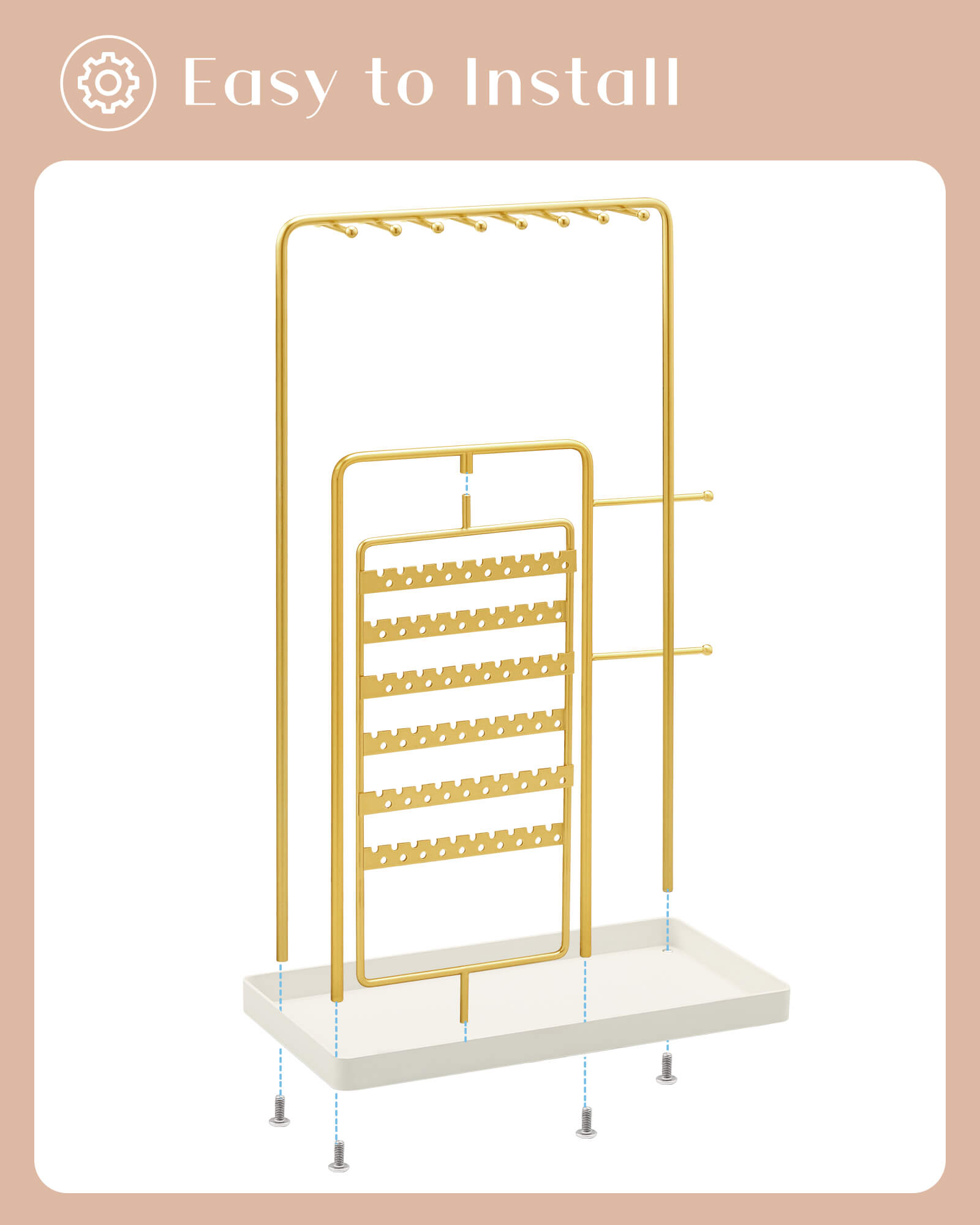 large gold jewelry organizer stand showing full organizer setup
