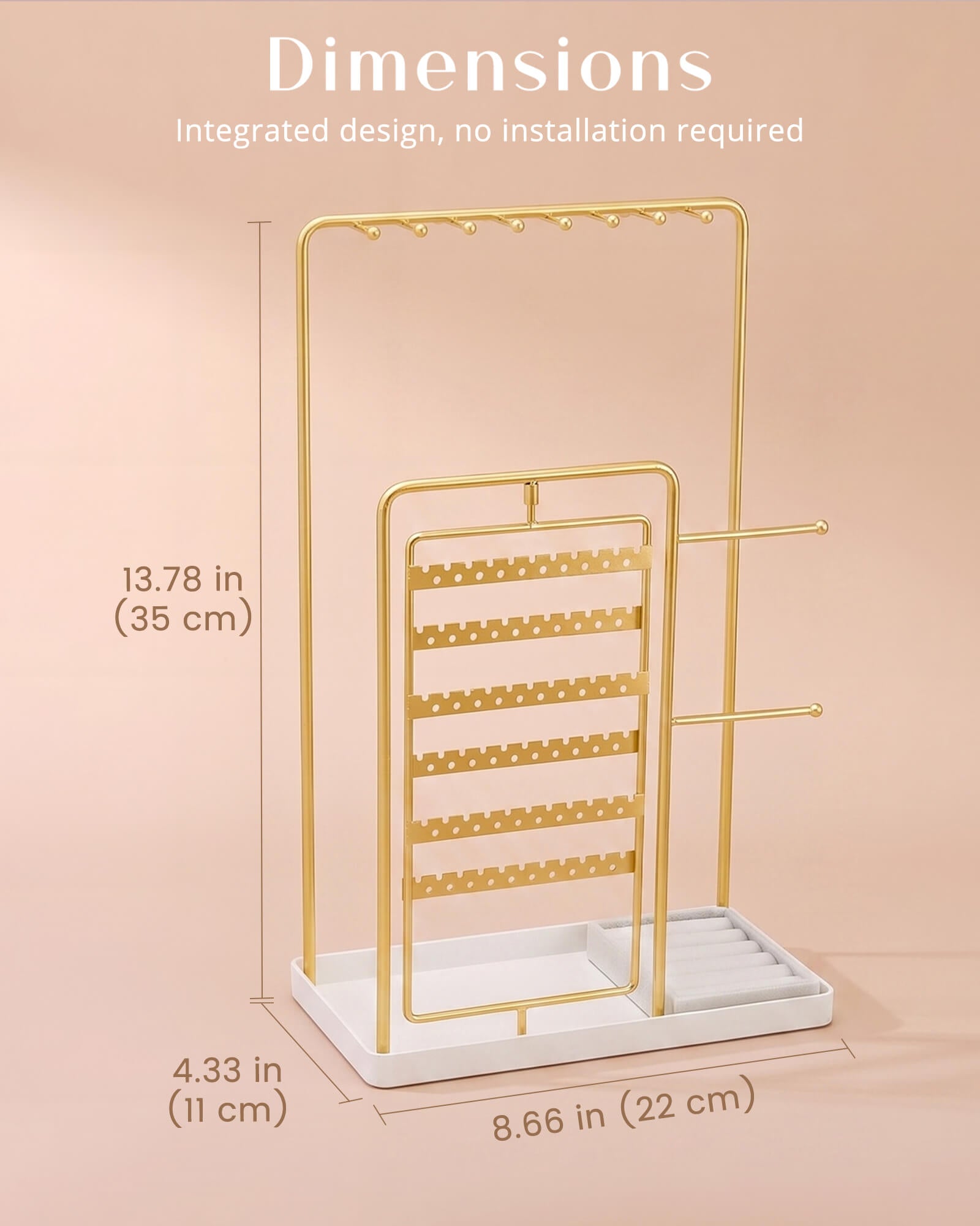 large gold jewelry organizer stand showing size and dimension details