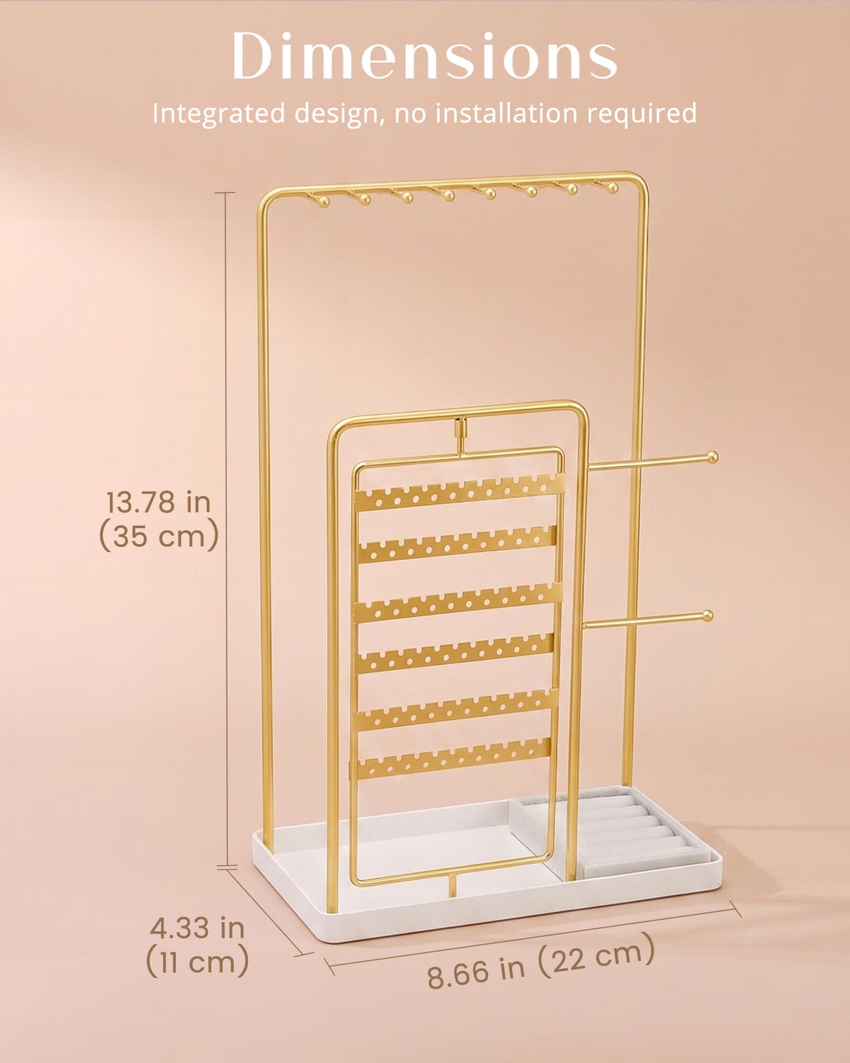 large gold jewelry organizer stand showing size and dimension details