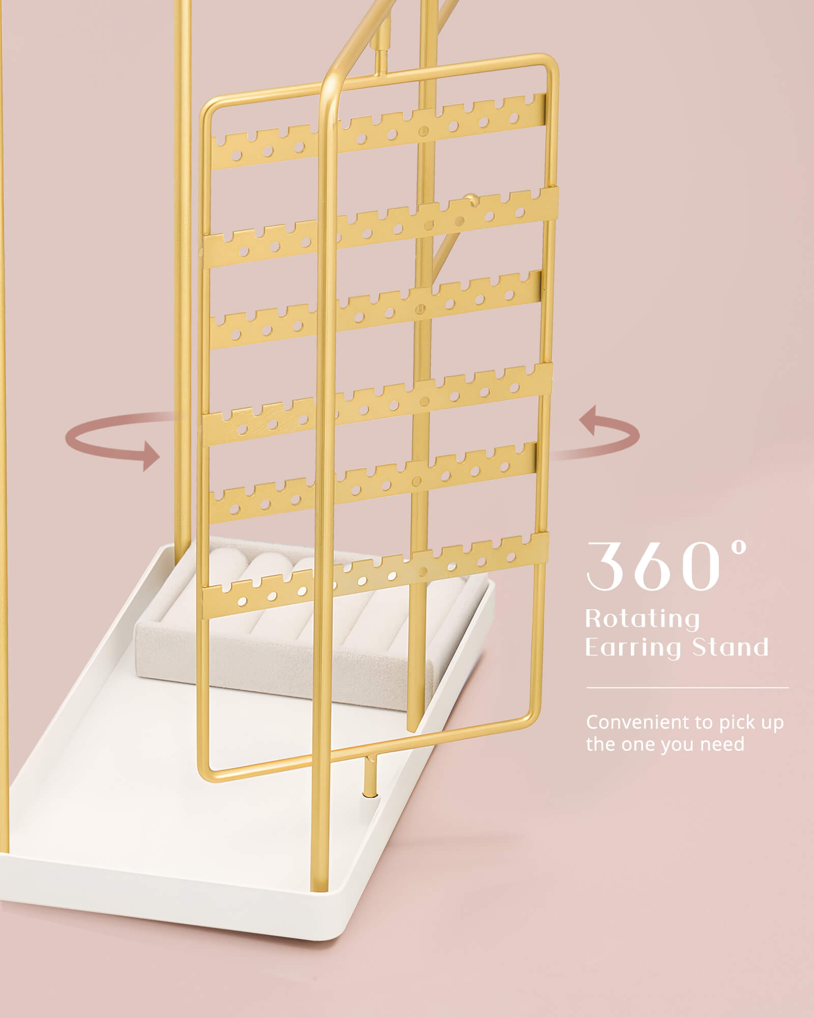 large gold jewelry organizer stand showing jewelry display capacity