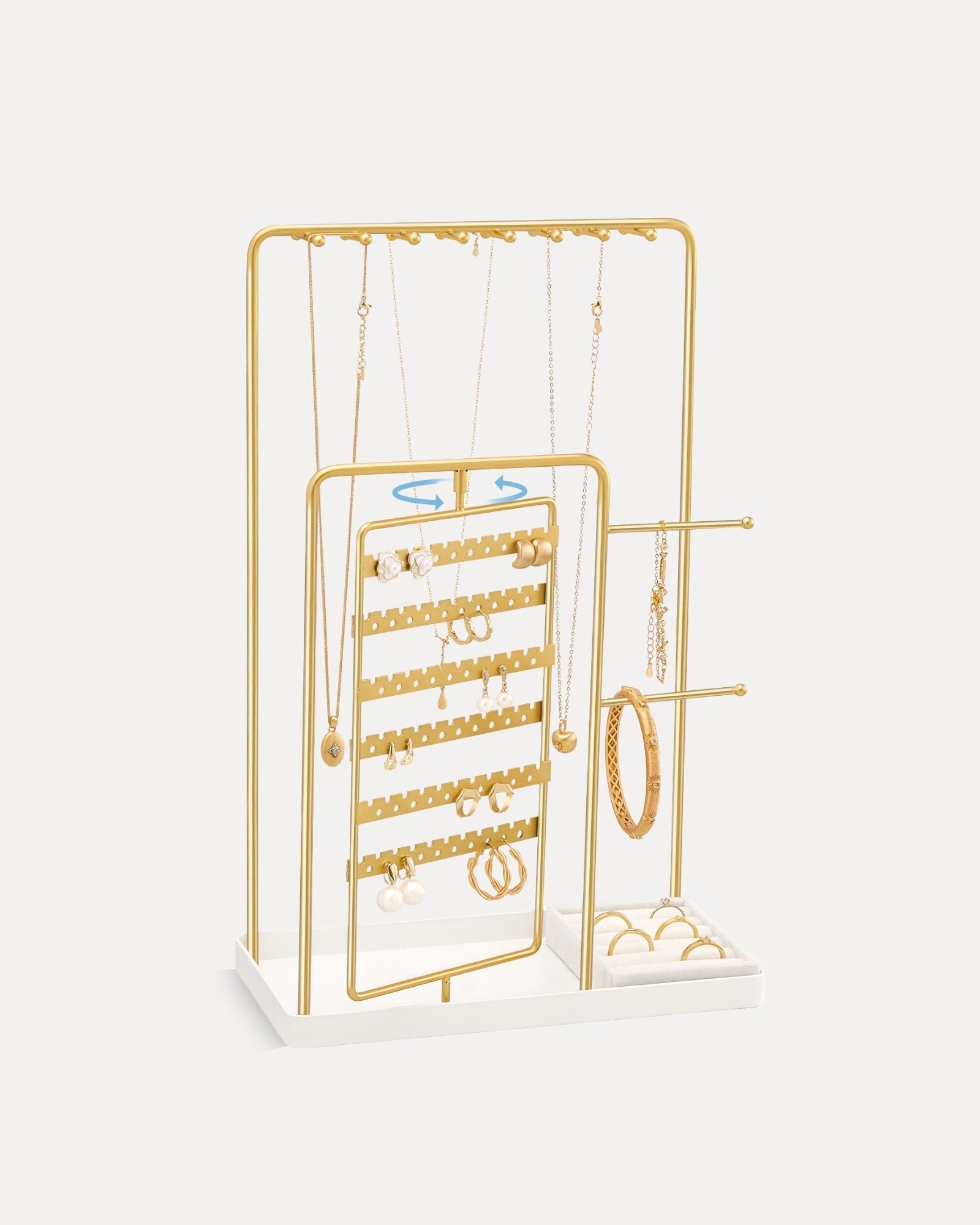 large gold jewelry organizer stand with rotating earring rack and ring tray