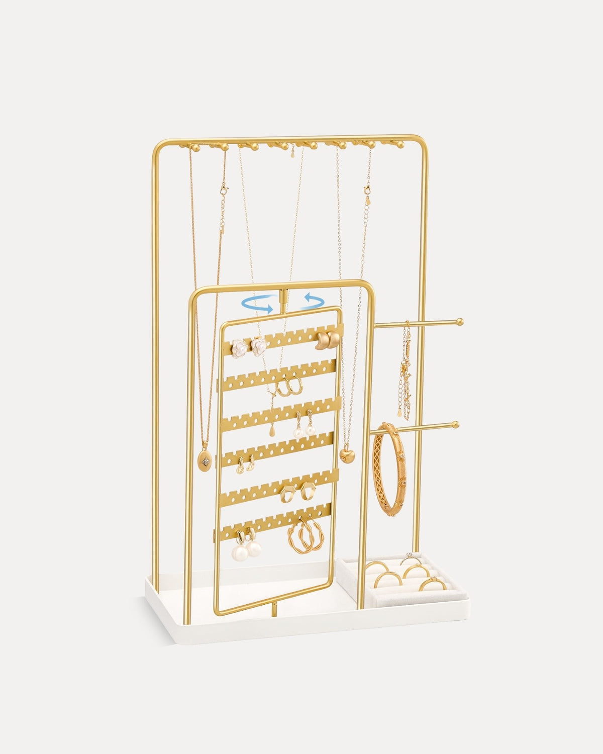 large gold jewelry organizer stand with rotating earring rack and ring tray