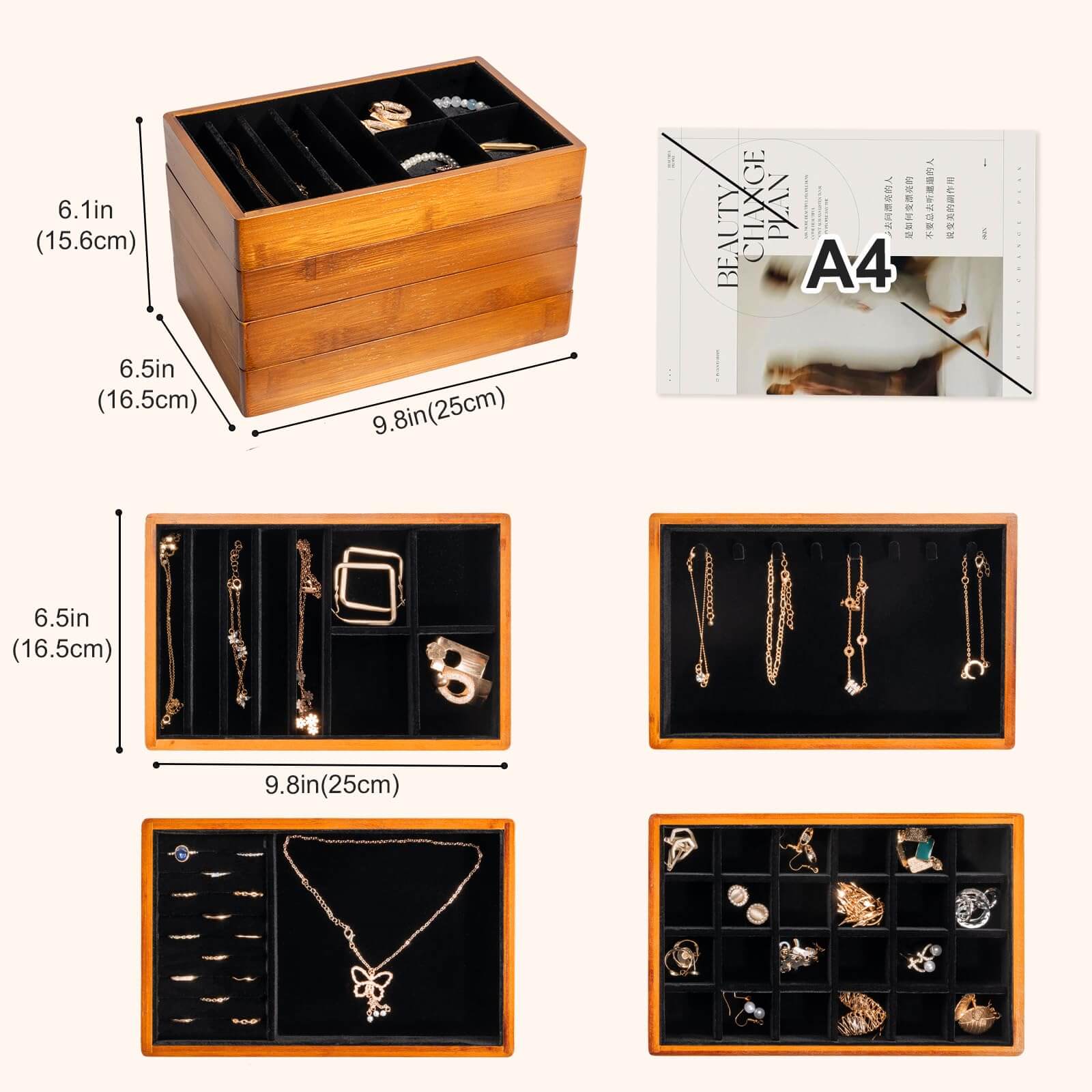 Bamboo Stackable Jewelry Organizer Tray