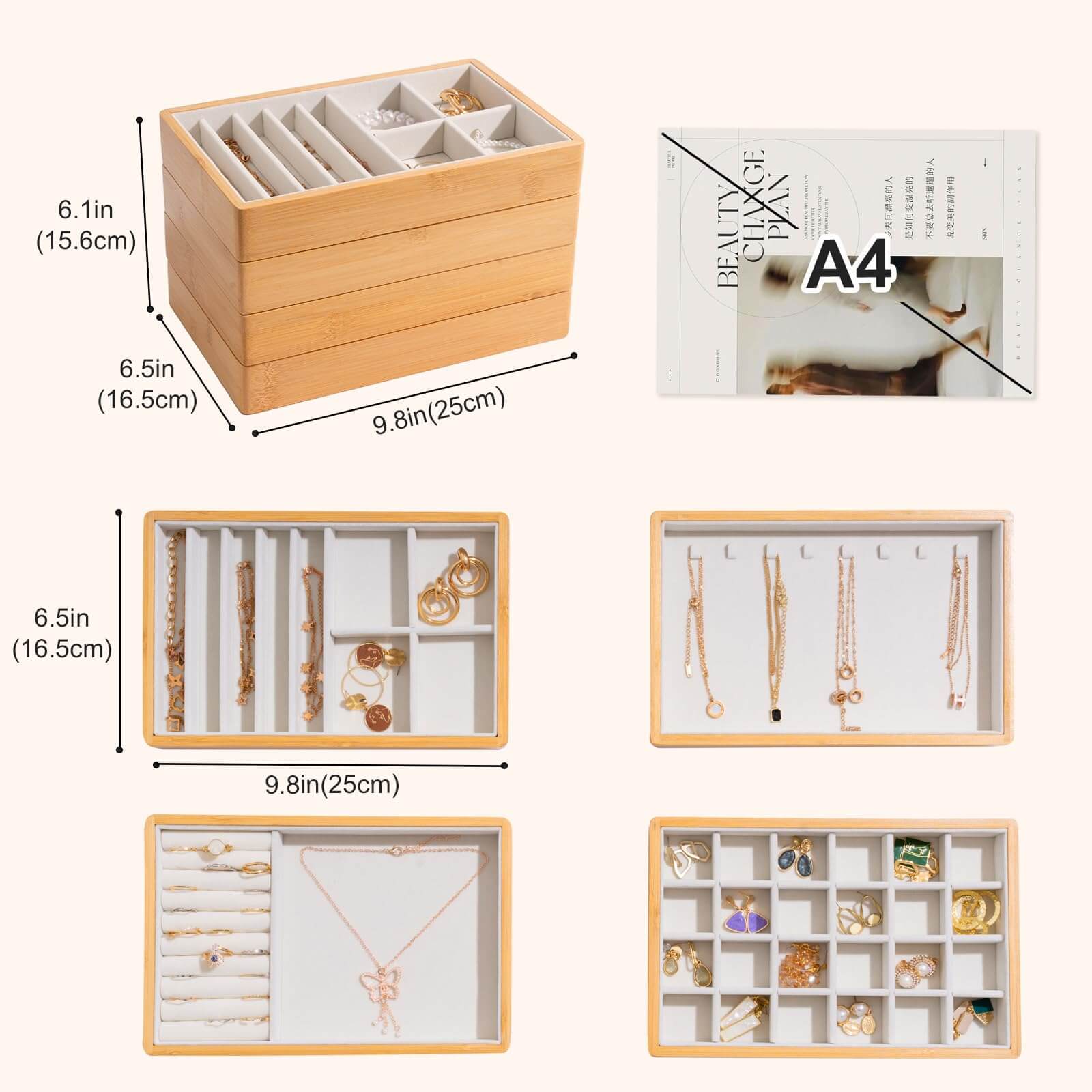 Bamboo Stackable Jewelry Organizer Tray