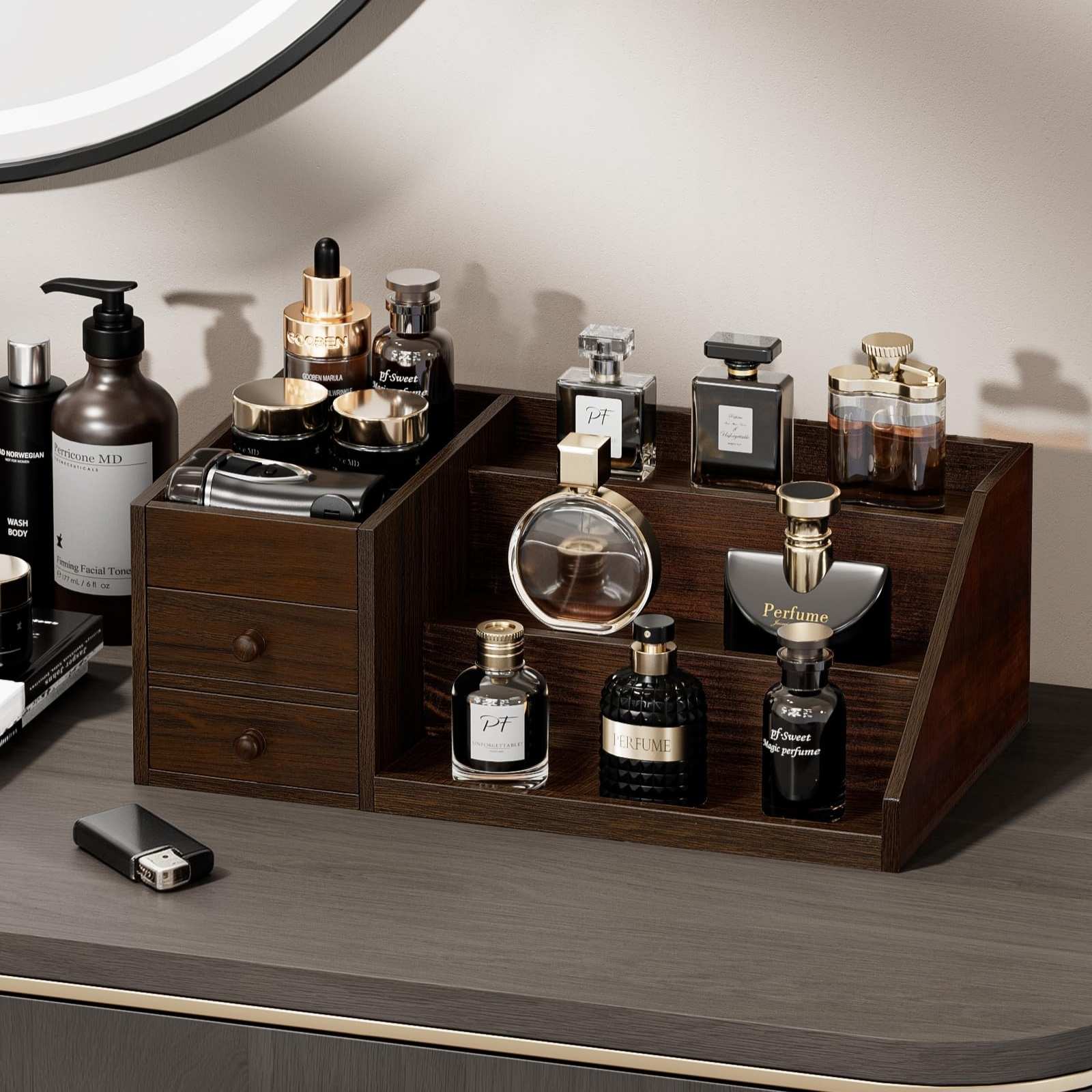 3-Tier Elevated Wood Perfume Storage Display Shelf with Drawers