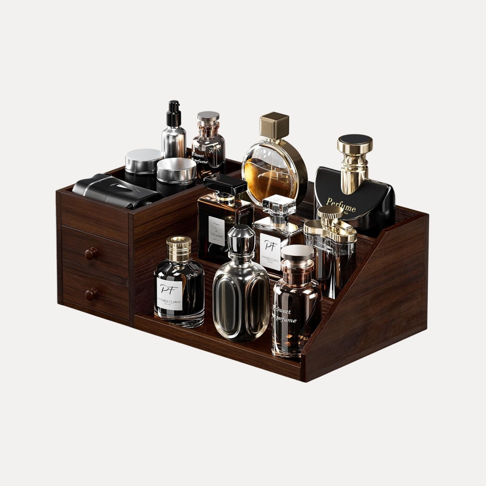 3-Tier Elevated Wood Perfume Storage Display Shelf with Drawers