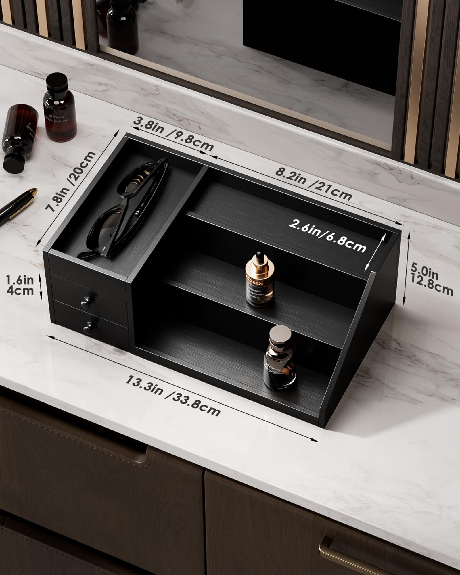 3-Tier Elevated Wood Perfume Storage Display Shelf with Drawers