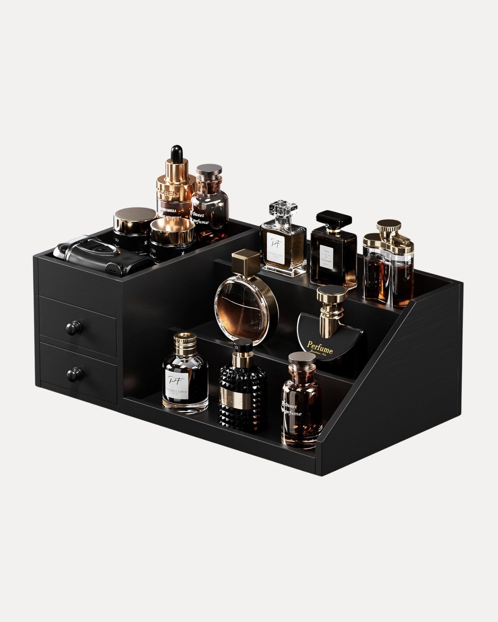 3-Tier Elevated Wood Perfume Storage Display Shelf with Drawers