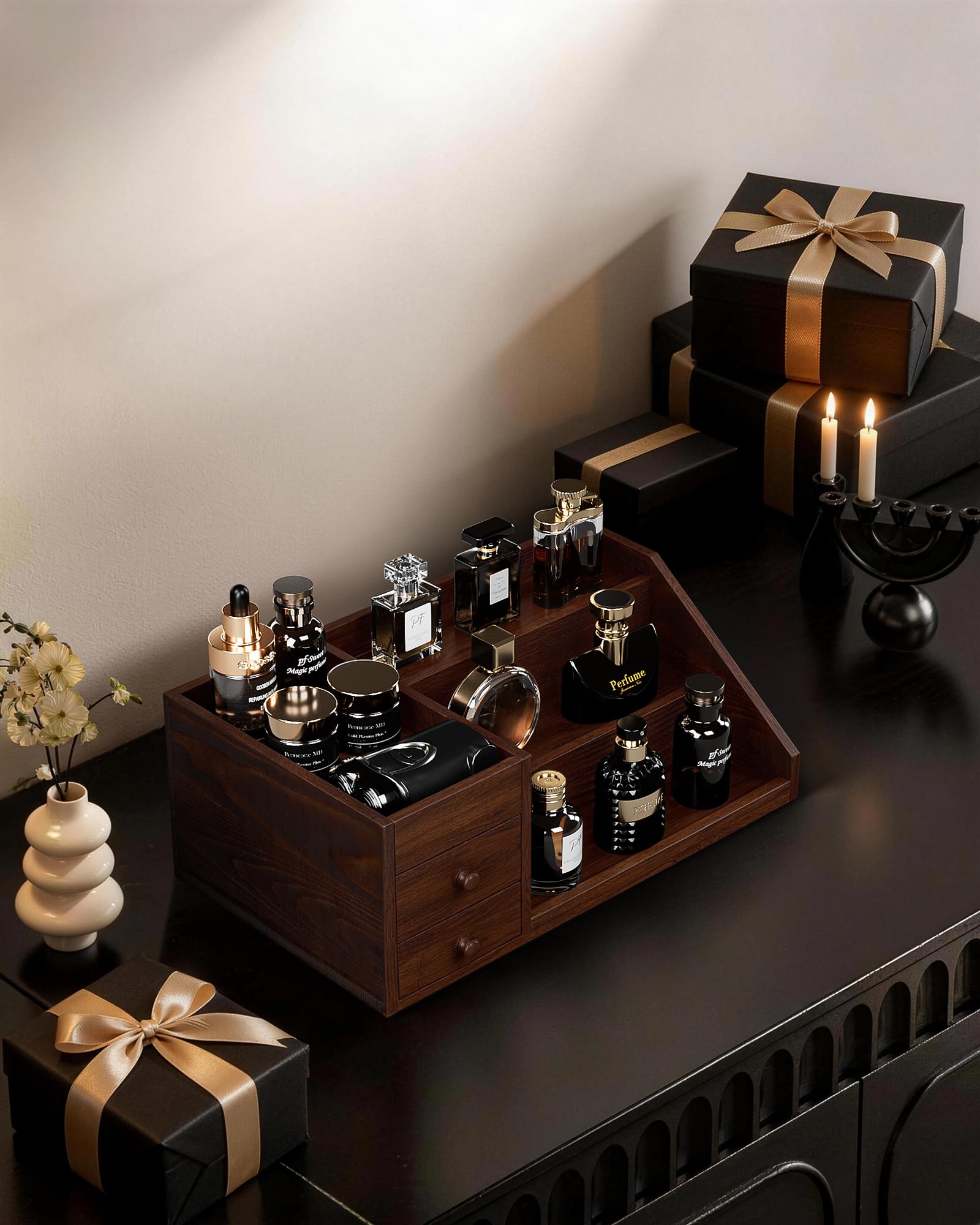 3-Tier Elevated Wood Perfume Storage Display Shelf with Drawers
