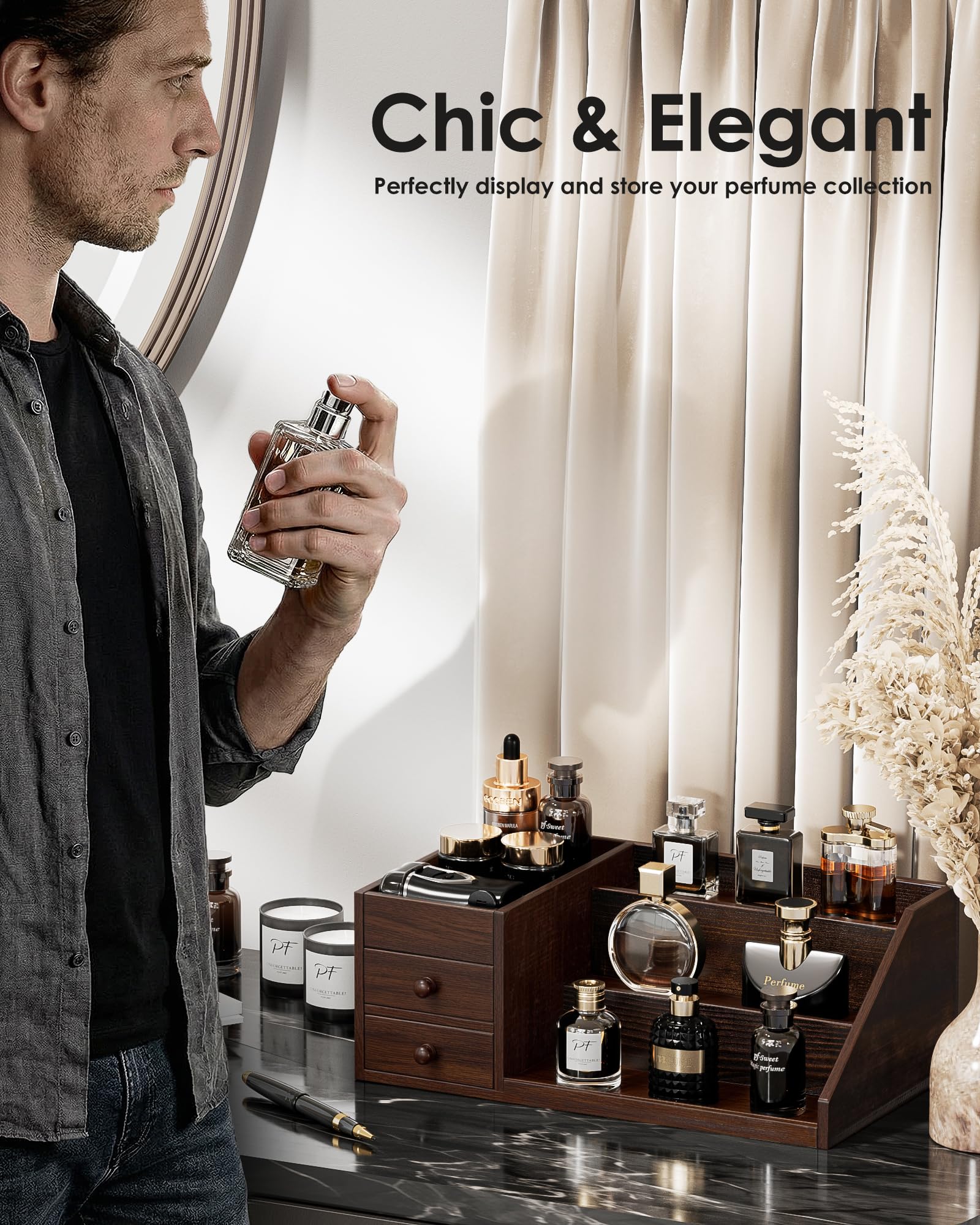 3-Tier Elevated Wood Perfume Storage Display Shelf with Drawers