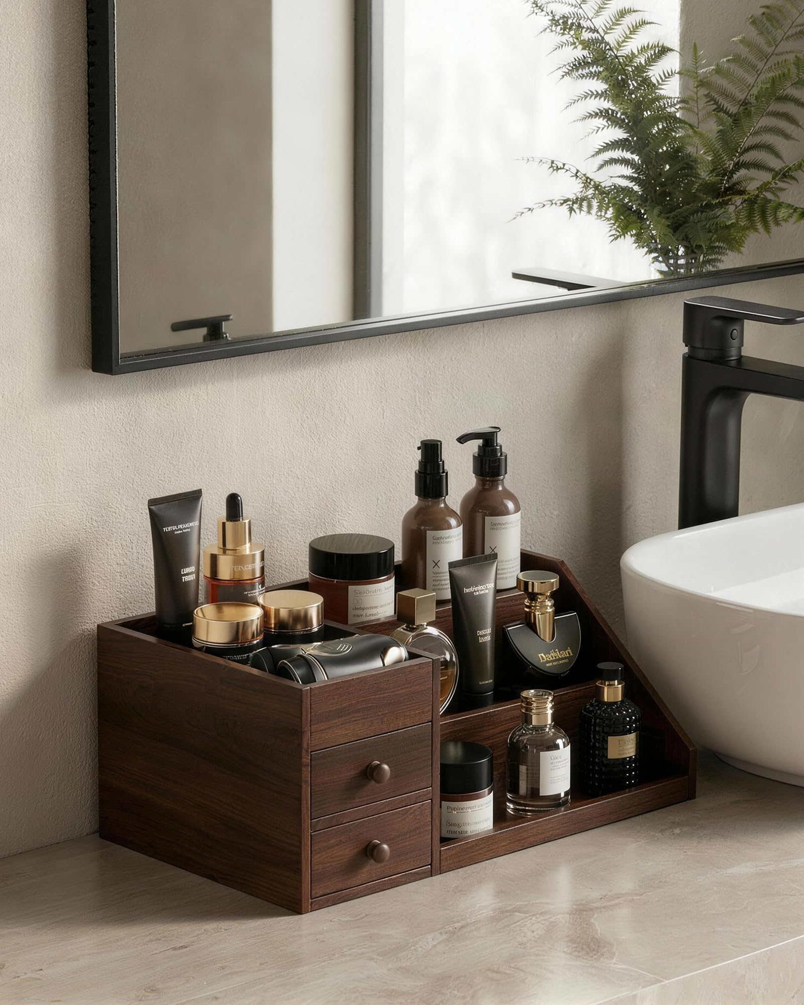 3-Tier Elevated Wood Perfume Storage Display Shelf with Drawers