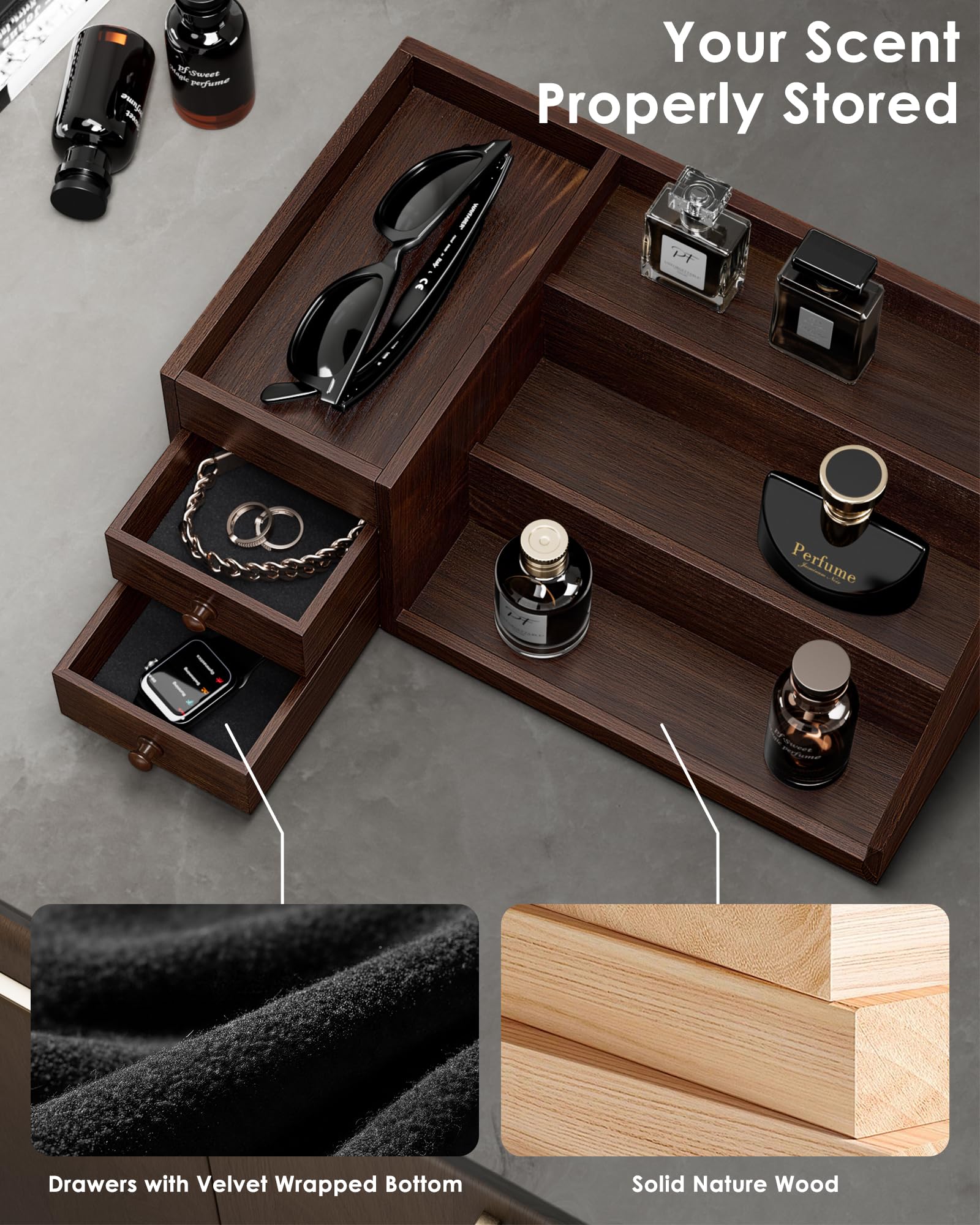 3-Tier Elevated Wood Perfume Storage Display Shelf with Drawers