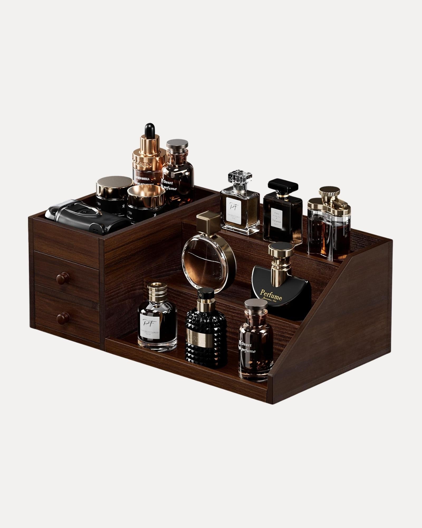 3-Tier Elevated Wood Perfume Storage Display Shelf with Drawers