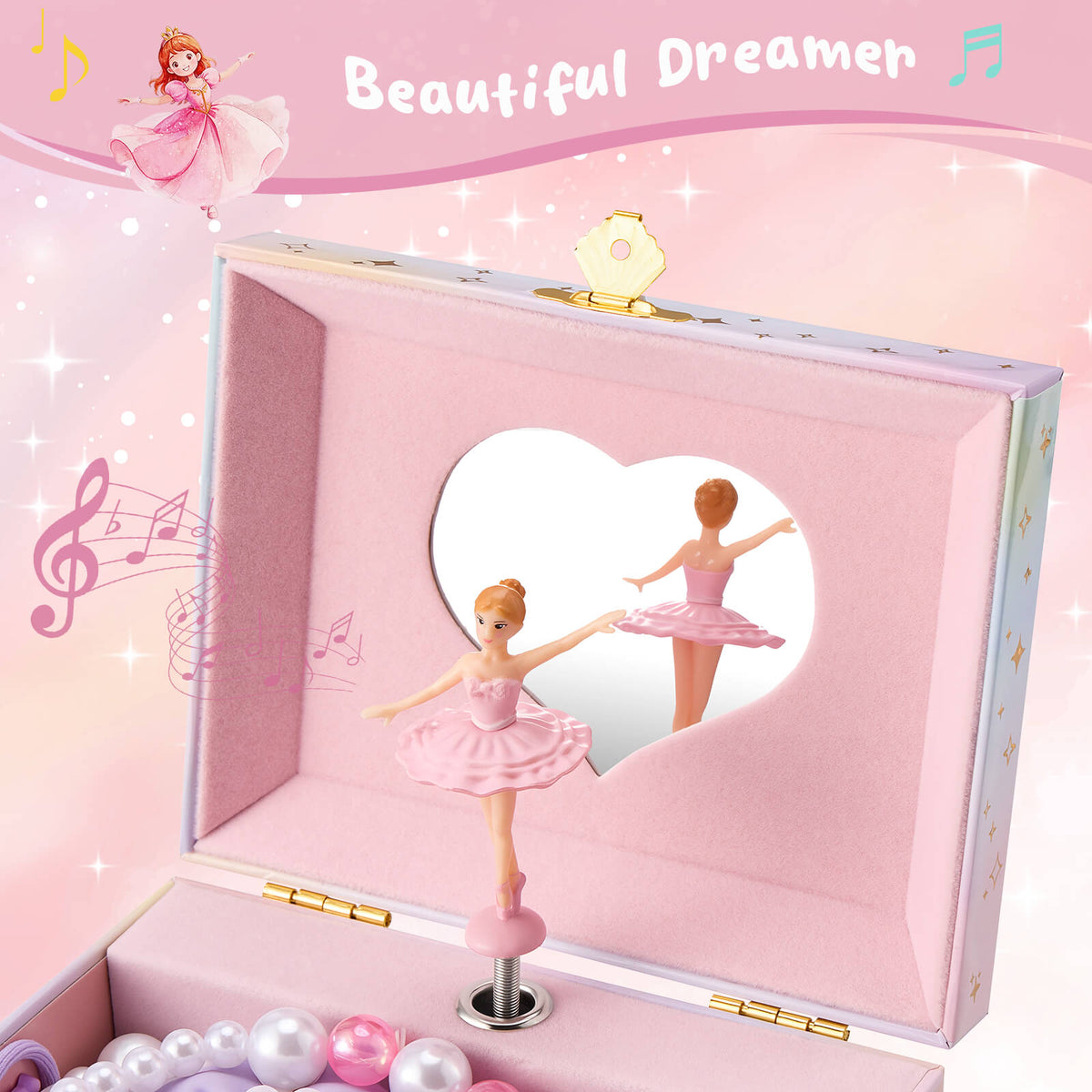 Ballerina musical jewelry box for girls with optional jewelry set - interior storage view